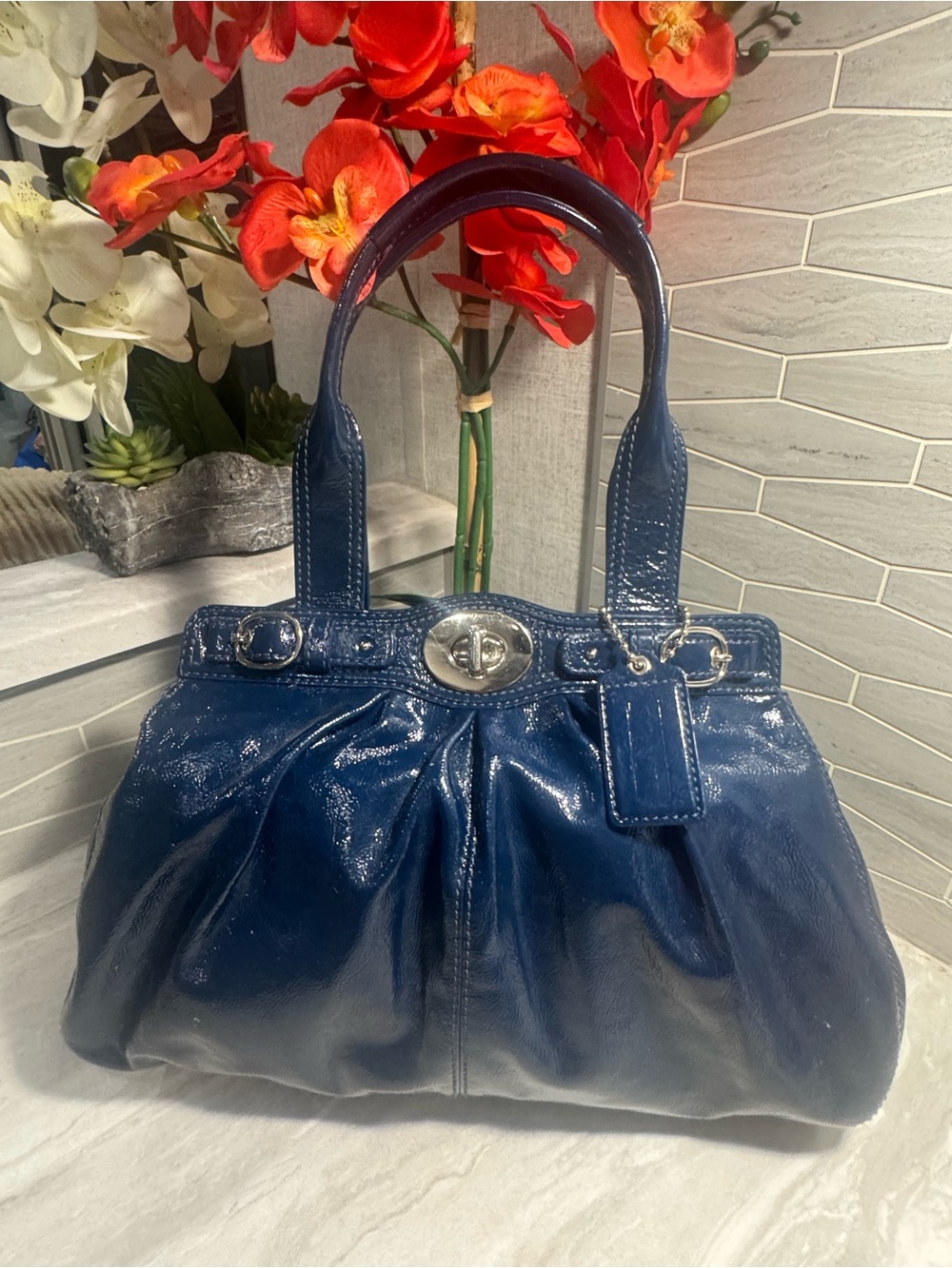 EUC Coach Navy Blue Patent Leather Pleated Shoulder Tote